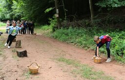 Kinder rennen im Wald um Hindernisse herum