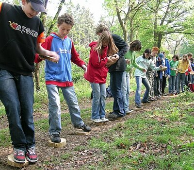 Kinder balancieren auf Baumstämmen